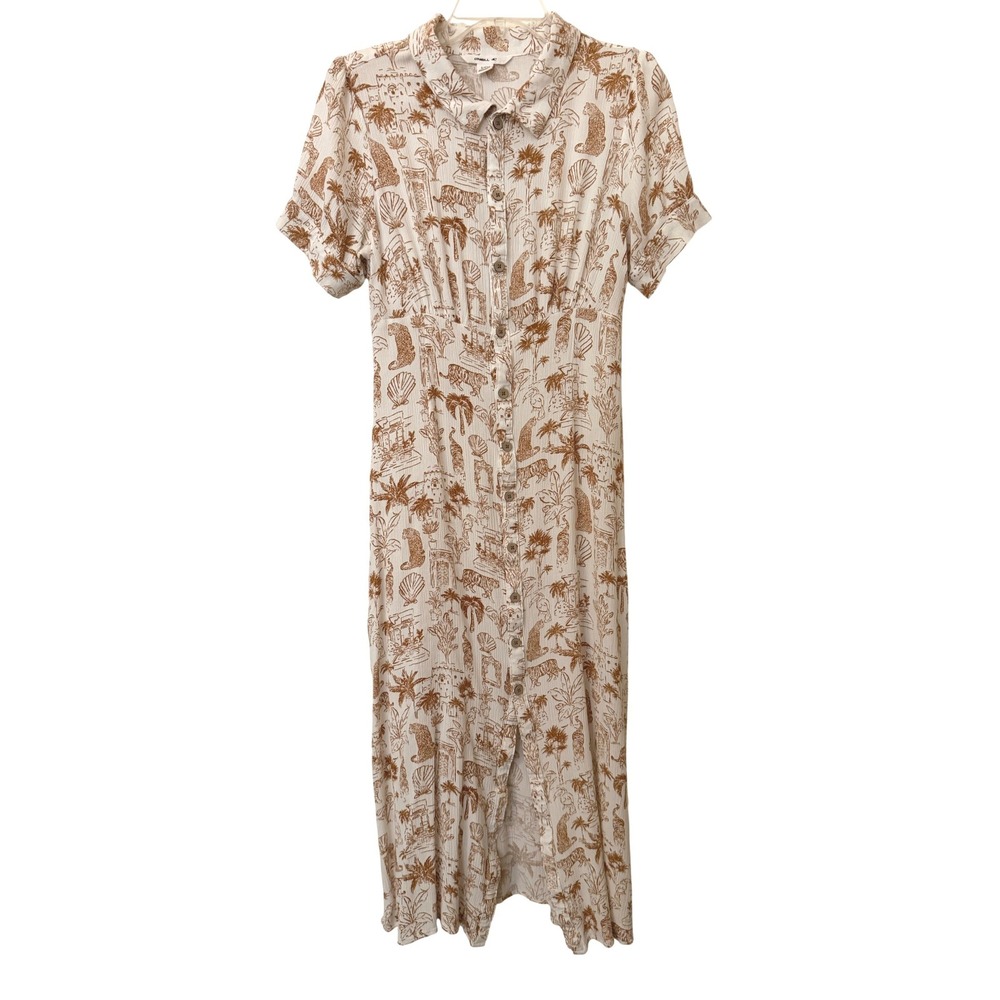 ONeill Womens Safari Toile Print Button Down Midi Dress Cream Brown Small